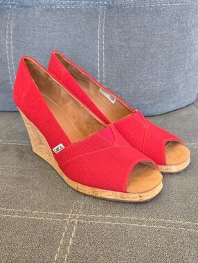 TOMS Red Peep-Toe Cork Wedge Espadrilles